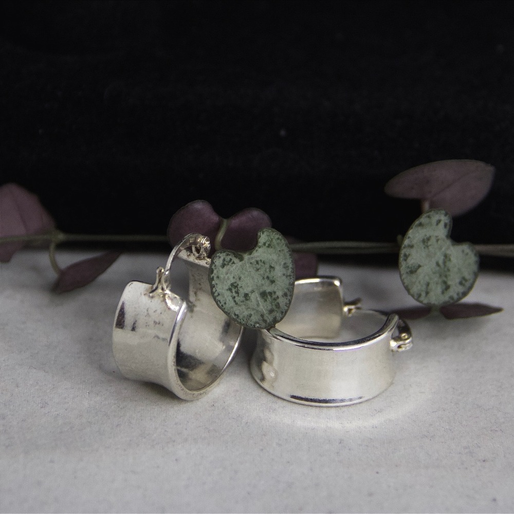 Solid Sterling Silver 925 Wide Concave Chunky Hoop Earrings Latch Back